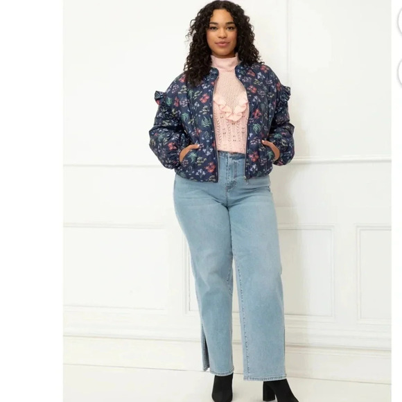 Eloquii Elements Navy Blue Floral Quilted Puffer Bomber Jacket Plus Size 22/24 - Picture 6 of 13
